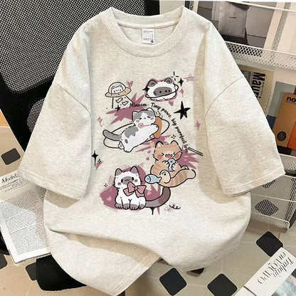Y2K Style Anime Cat Print Tee