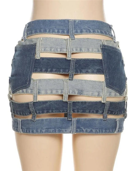 Denim Skirts High Waist Patchwork Buttons