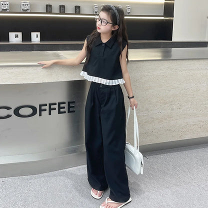 Ruffled Patchwork Sleeveless Top Pants 2pcs