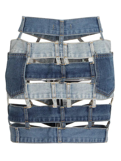 Denim Skirts High Waist Patchwork Buttons
