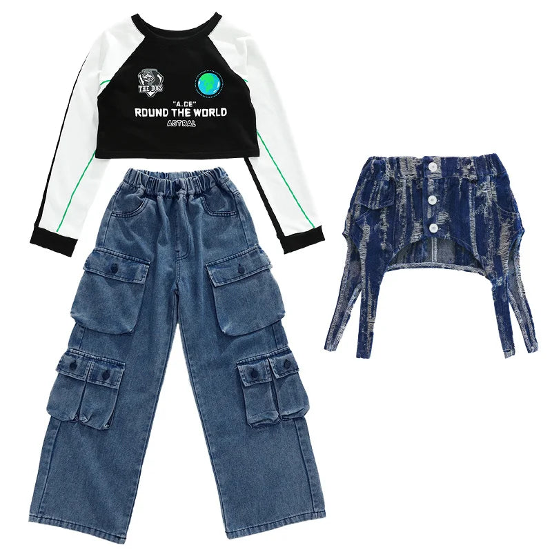 Teens Hiphop Cropped T-Shirt Jeans Streetwear Set