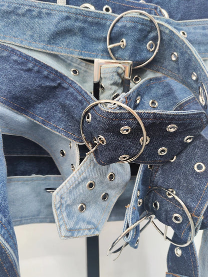 Fashion Denim Skirt Belt Waist Washed Metal Hole
