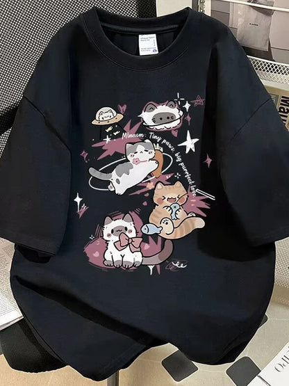 Y2K Style Anime Cat Print Tee