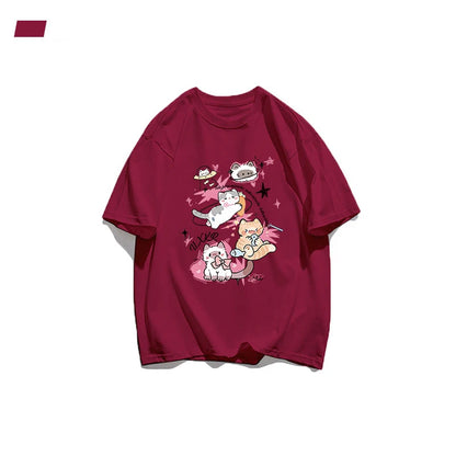 Y2K Style Anime Cat Print Tee