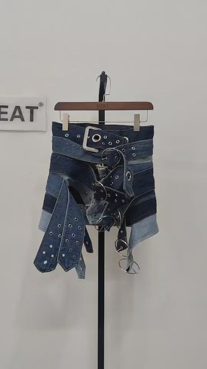 Fashion Denim Skirt Belt Waist Washed Metal Hole